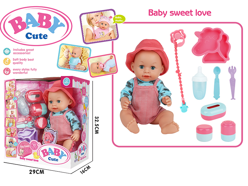 14-Inch Vinyl Baby Doll With 10 Sounds IC(Movable Eyes,Drink Water And Pee)+ Baby Plate + Fork + Knife + Pacifier + Pacifier Chain + Feeding-Bottle + Storage Bottle 3PCS