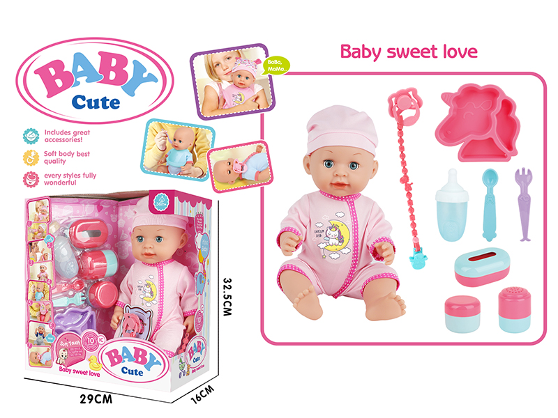 14-Inch Vinyl Baby Doll With 10 Sounds IC(Movable Eyes,Drink Water And Pee)+ Baby Plate + Fork + Knife + Pacifier + Pacifier Chain + Feeding-Bottle + Storage Bottle 3PCS