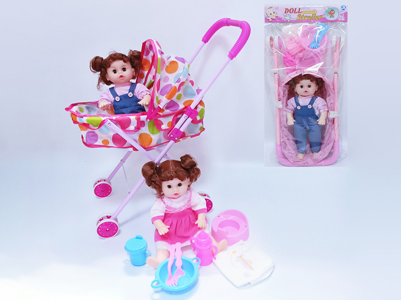 Iron Stroller + Doll (Can Drink Water,With 4 Sounds IC) + 7pcs Accessories