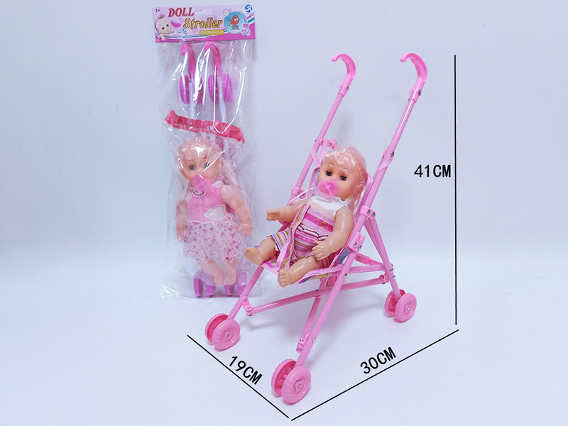 Plastic Stroller + Girl Doll With Pacifier (With Crying Sound)