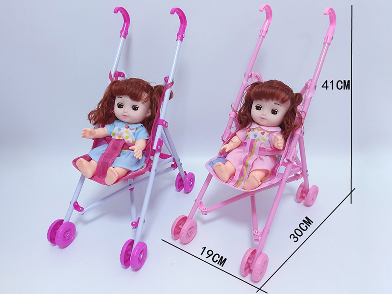 Plastic Stroller + Girl Doll