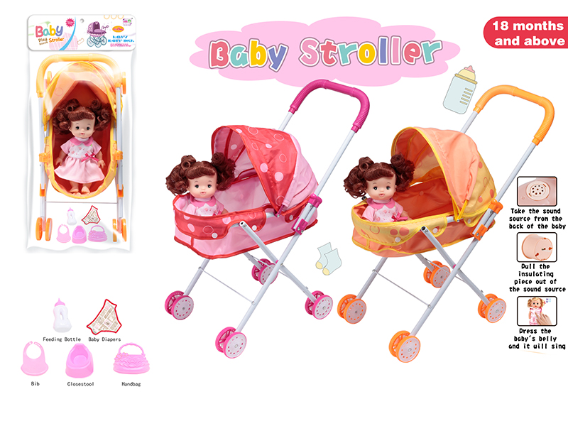 Baby Sunshade Stroller Toy + Doll With IC(With Feeder,Potty,Diaper,Handbag,Bib)