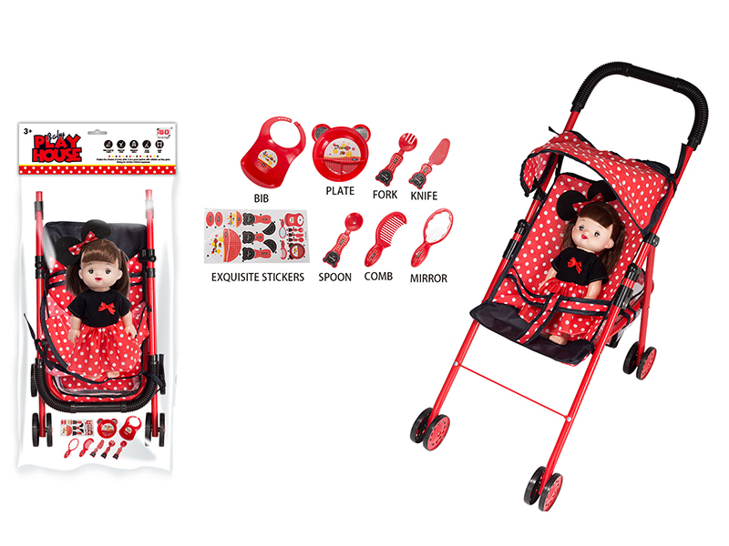 Baby Stroller Toy + Doll With IC + Tableware Set
