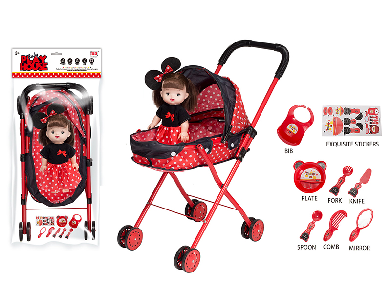 Baby Sunshade Stroller Toy +Doll With IC + Tableware Set