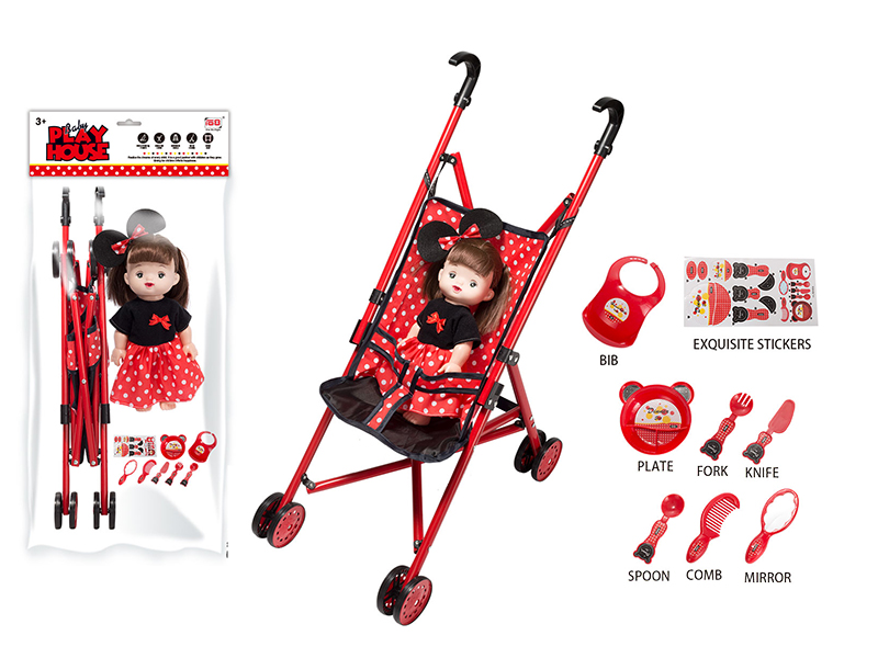 Baby Stroller Toy + Doll With IC + Tableware Set