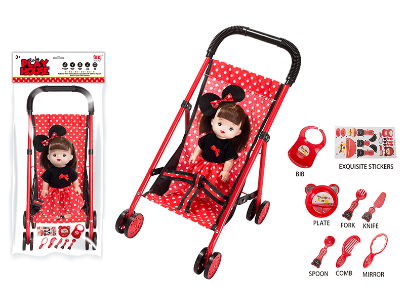 Baby Stroller Toy + Doll With IC + Tableware Set