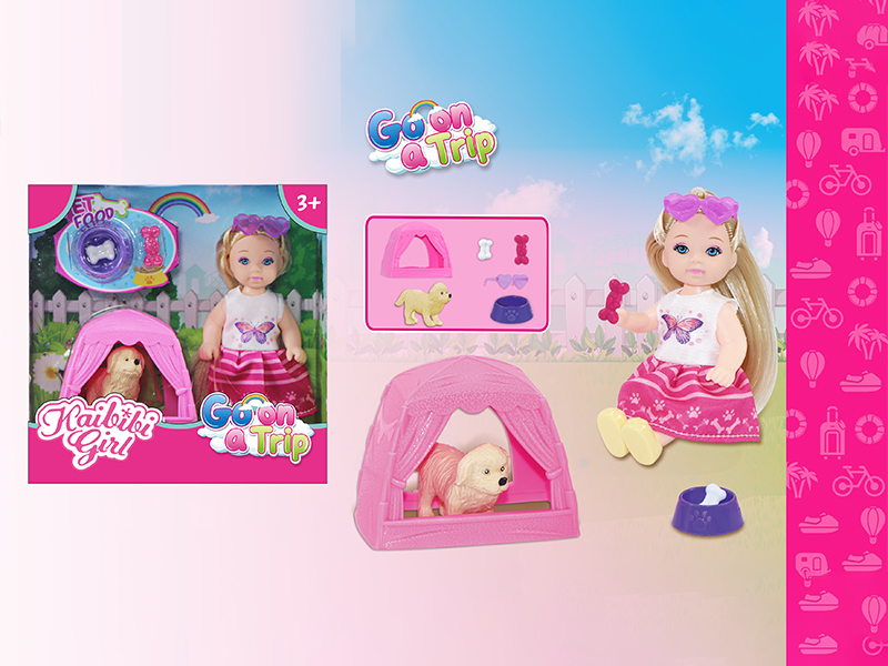 3.5 Inch Girl Doll With Yellow Dog And Tent Set