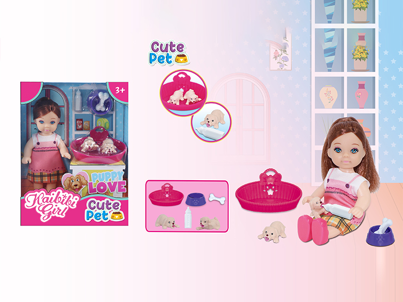 3.5 Inch Girl Doll With Two Small Pet Dog Sets