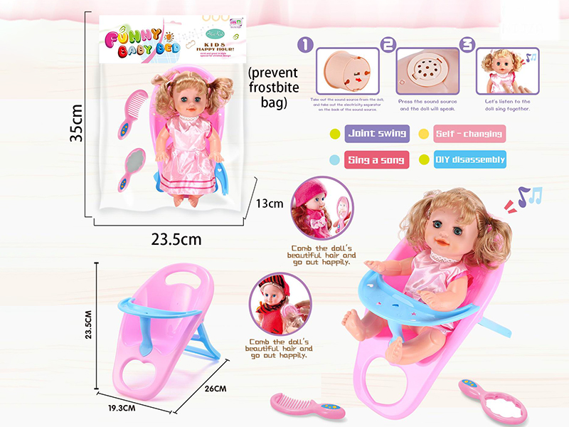 14 Inch Doll With Sounds + Highchair + Comb,Mirror