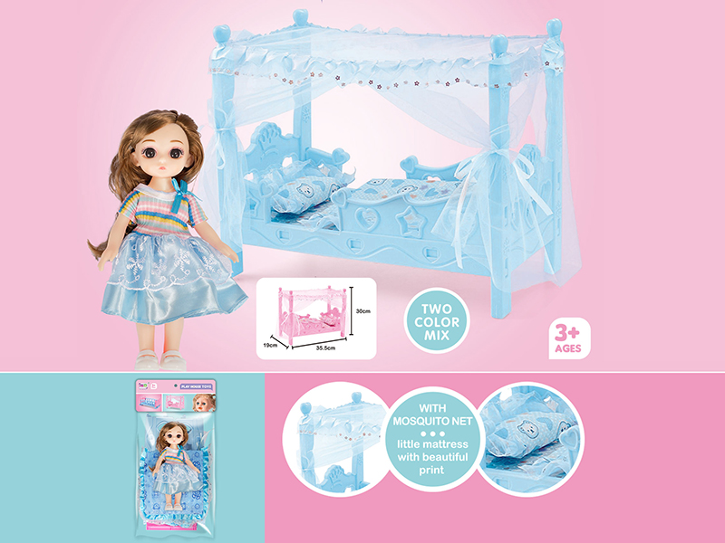 Play House Toys Bed With Mosquito Net + 10 Inch Doll With IC