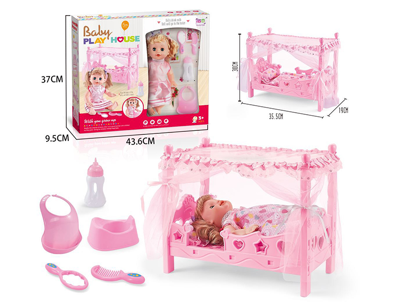 Pink Princess Bed + 14-Inch Doll With Sounds + Comb,Mirror,Potty,Bib,Feeding Bottle