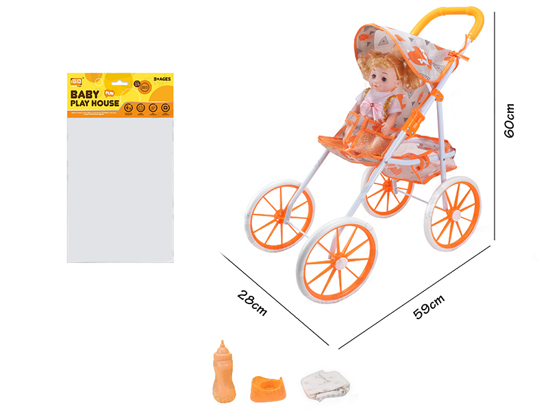Self-Assembling Toy Baby Stroller(EVA Wheel)+14 Inch Doll + Feeder, Potty ,Diaper