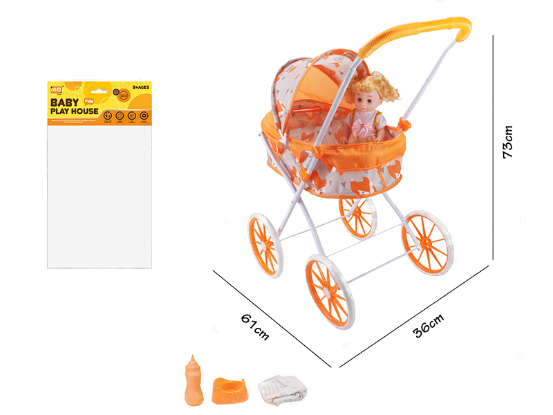 Self-Assembling Toy Baby Stroller(EVA Wheel)+14 Inch Doll + Feeder, Potty ,Diaper