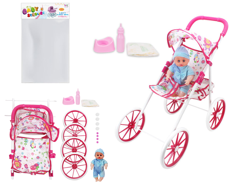 Self-Assembling Toy Baby Stroller(EVA Wheel)+12 Inch Doll + Feeder, Potty ,Diaper