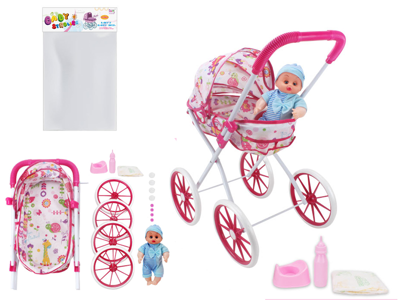 Self-Assembling Toy Baby Stroller(EVA Wheel)+12 Inch Doll + Feeder, Potty ,Diaper