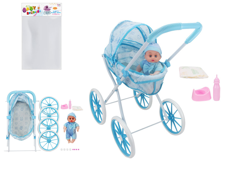 Self-Assembling Toy Baby Stroller(EVA Wheel)+12 Inch Doll + Feeder, Potty ,Diaper