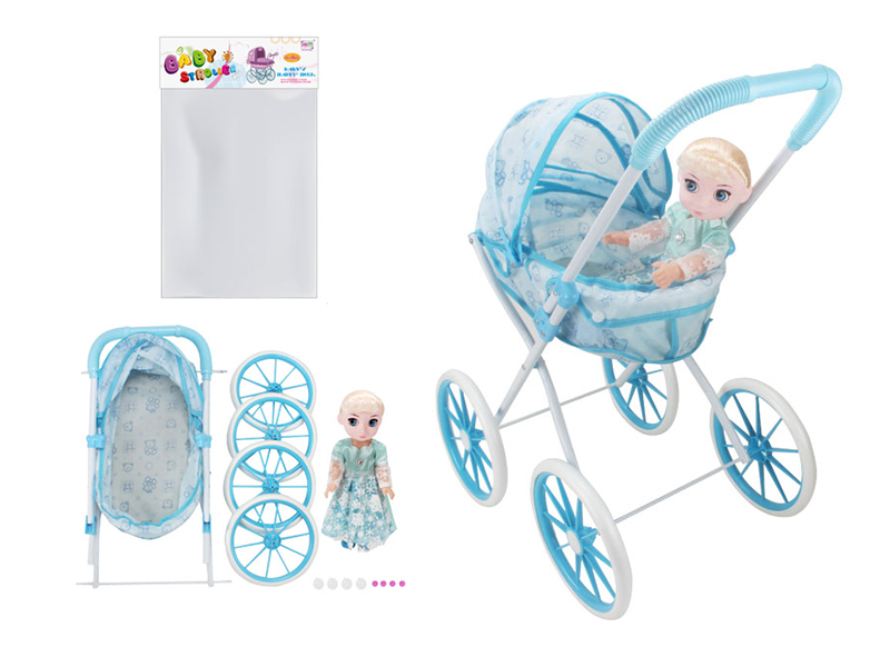 Self-Assembling Toy Baby Stroller(EVA Wheel) + 14 Inch Frozen Princess Doll