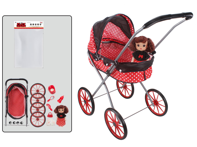 Self-Assembling Toy Baby Stroller(EVA Wheel)+12 Inch Doll With IC + Feeder, Potty ,Diaper,Comb,Mirror,Handbag