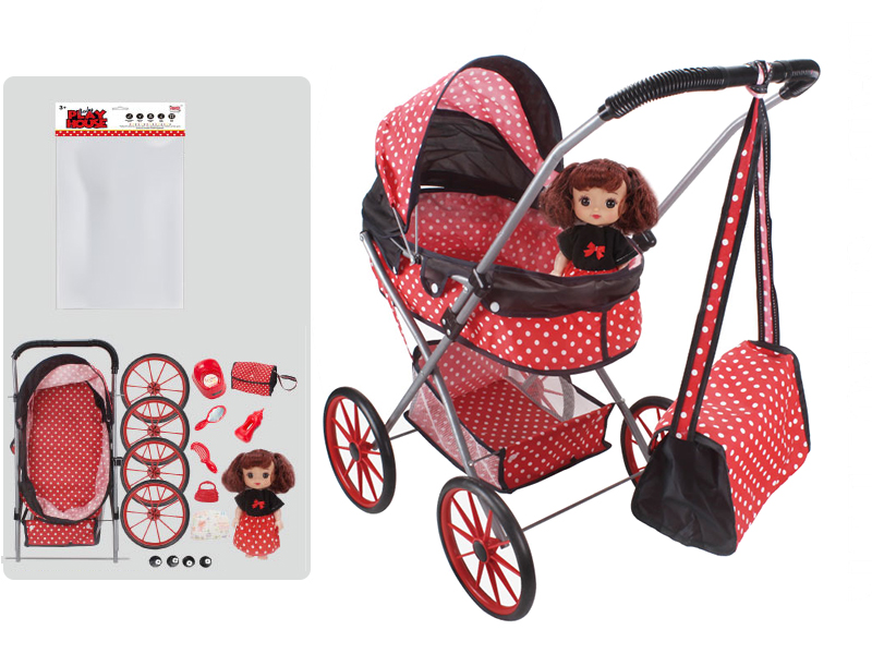 Self-Assembling Toy Baby Stroller(EVA Wheel) + Storage Basket + Storage Bag +12 Inch Doll With IC + Feeder, Potty ,Diaper,Comb,Mirror,Handbag