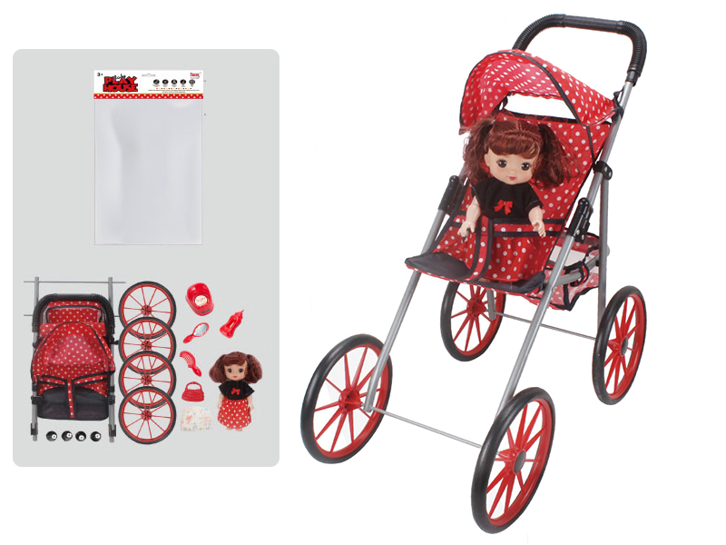 Self-Assembling Toy Baby Stroller(EVA Wheel) +12 Inch Doll With IC + Feeder, Potty ,Diaper,Comb,Mirror,Handbag
