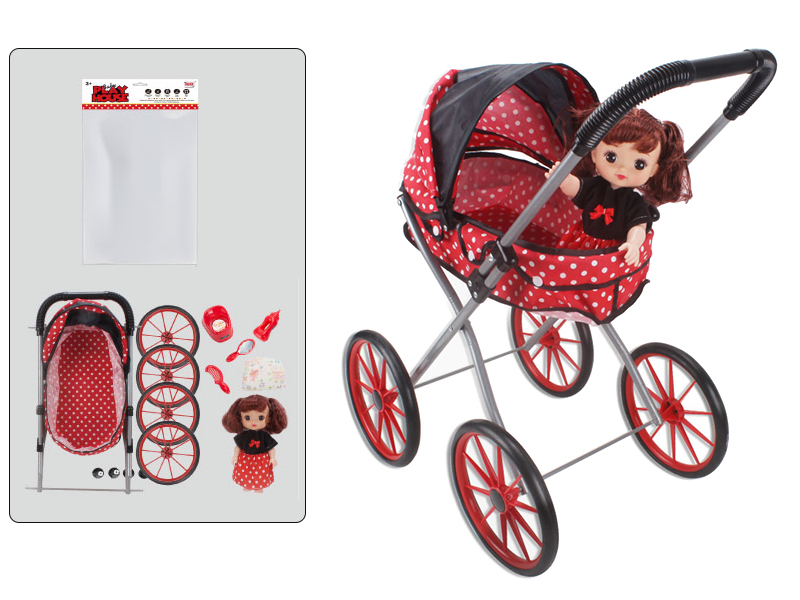 Self-Assembling Toy Baby Stroller(EVA Wheel) +12 Inch Doll With IC + Feeder, Potty ,Diaper,Comb,Mirror,Handbag