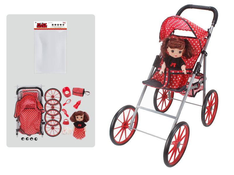 Self-Assembling Toy Baby Stroller(EVA Wheel) +12 Inch Doll With IC + Feeder, Potty ,Diaper,Comb,Mirror,Handbag