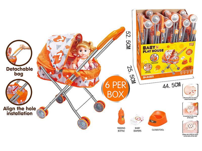 Baby Sunshade Stroller Toy + 14 Inch Doll With IC(With Feeder, Potty ,Diaper)6 Per Box