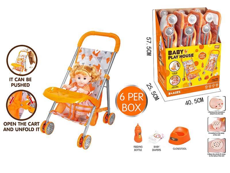 Baby Stroller Toy With Dinner Plate + 14 Inch Doll With IC(With Feeder, Potty ,Diaper)6 Per Box