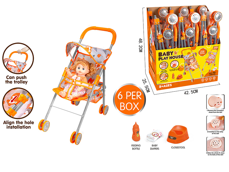 Baby Sunshade Stroller Toy + 14 Inch Doll With IC(With Feeder, Potty ,Diaper)6 Per Box