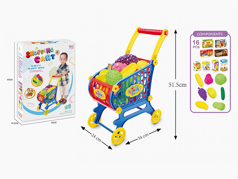 Plastic Shopping Cart + Fruit And Vegetable, Food Set