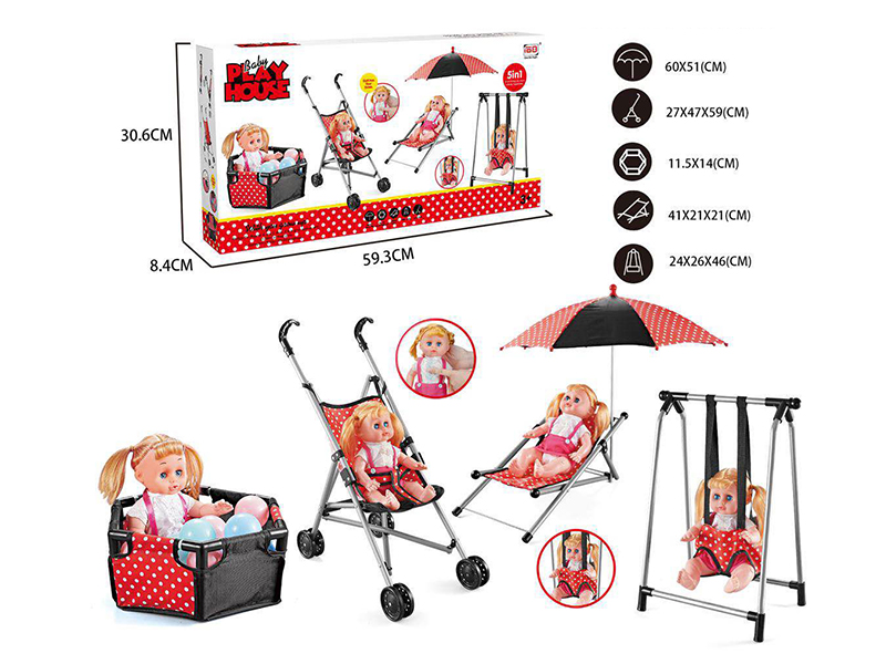 Baby Play House Toys 5pcs(Beach Chair,Beach Umbrella,Ball Pool,6 Ocean Balls,Swing,Plastic Stroller)+14 Inch Doll