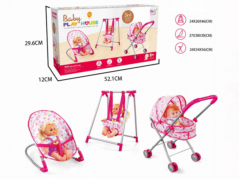 Baby Play House Toys 3pcs(Iron Baby Stroller,Swing,Baby Bouncer)+14 Inch Doll With IC