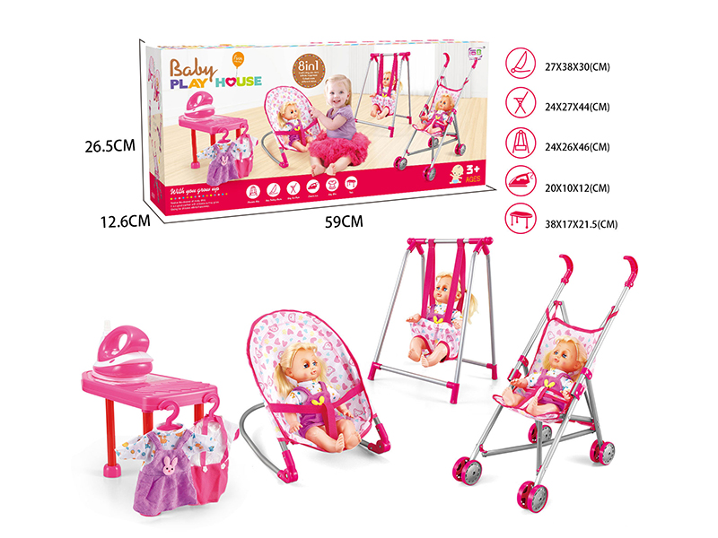 Baby Play House Toys 4pcs(Iron Baby Stroller,Swing,Baby Bouncer,Ironing Table)+14 Inch Doll With IC