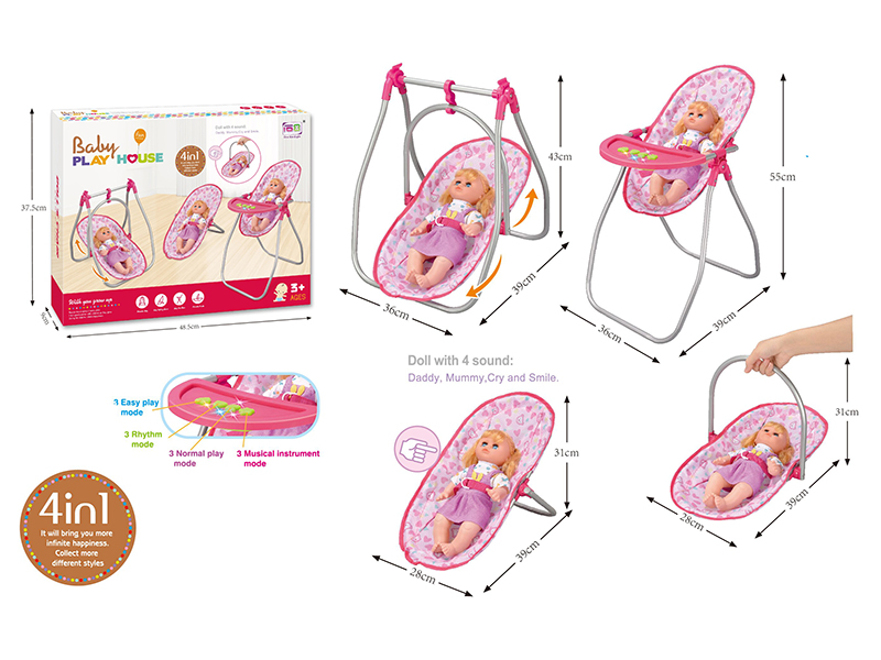 4 In 1 Iron Baby Highchair Swing Toy With Light And Music+  14 Inch Doll With Sound