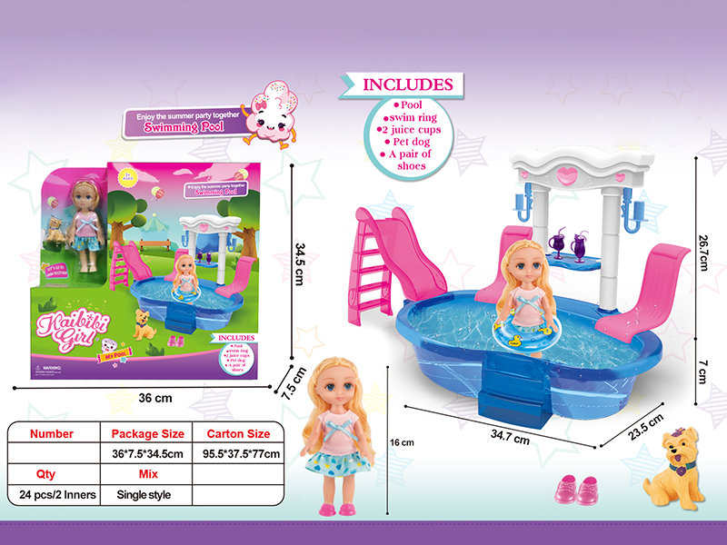 6 Inch Solid Girl Doll Swimming Pool Theme With Dog