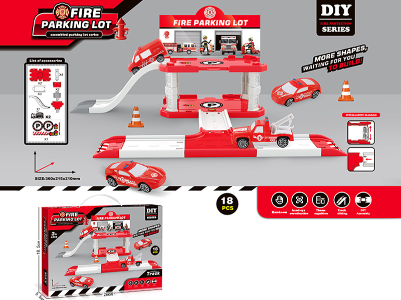 Fire Parking Lot Toy Set With 2 Fire Trucks