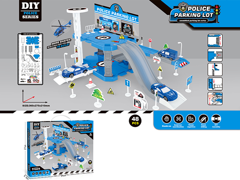 Police Parking Lot Toy Set  With Lifting Platform With Aircraft+2 Police Cars