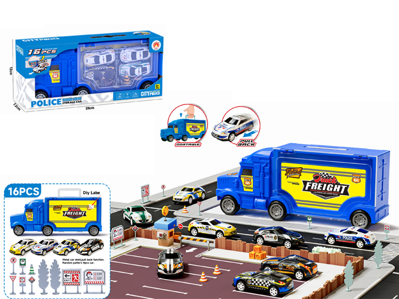 16PCS Storage Alloy Pull Back Police Car