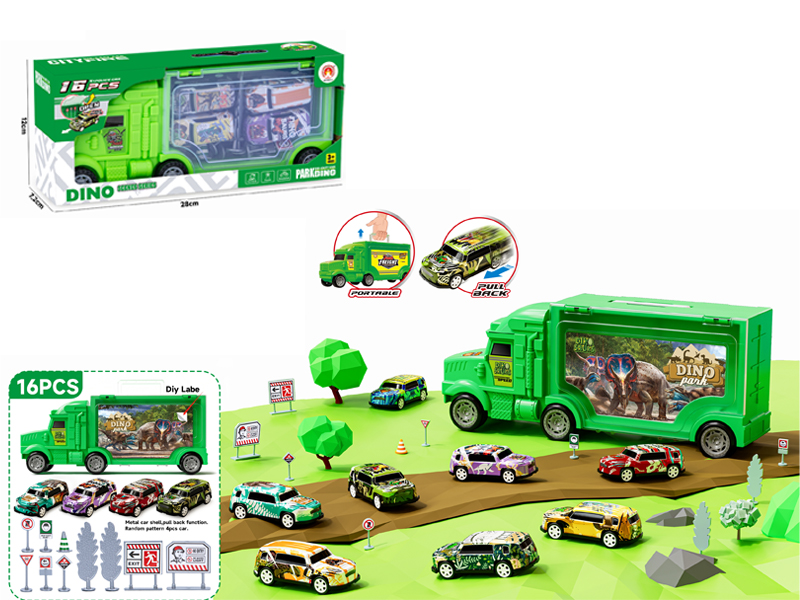 16PCS Storage Alloy Pull Back Dinosaur Car