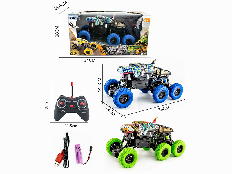 1:16 27Mhz 4-Channel Remote Control 6-Wheel 4WD Water Transfer Printing Dinosaur Climbing Car (Included Batteries)