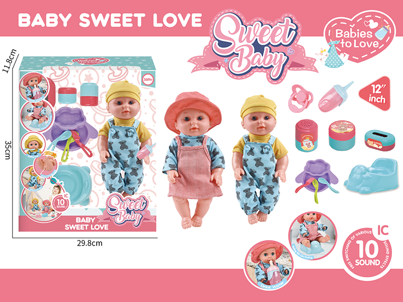 12 Inch Vinyl Doll With 10 Sound IC(Drink Water And Pee,Included Batteries) + Baby Plate + Knife + Fork + Spoon + Pacifier + Dinosaur Toilet + Storage Bottle 3 Sets