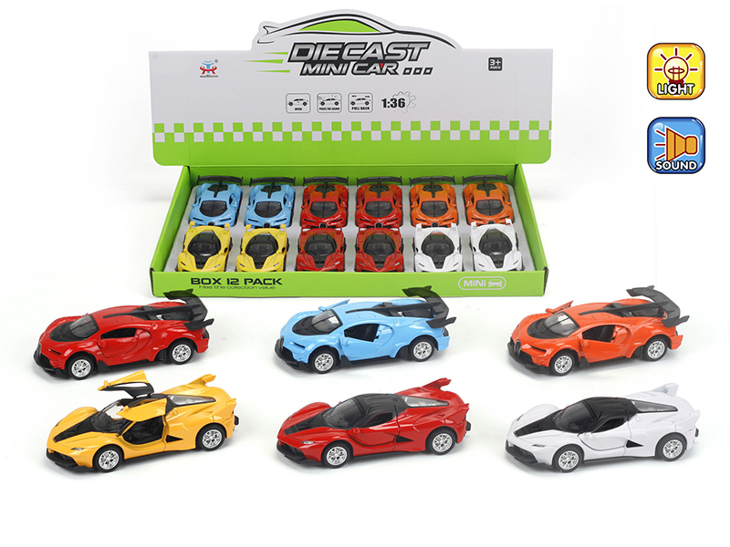 1:36 Pull Back Alloy Simulated Car With Light And Music(Ferrari, Bugatti)12PCS