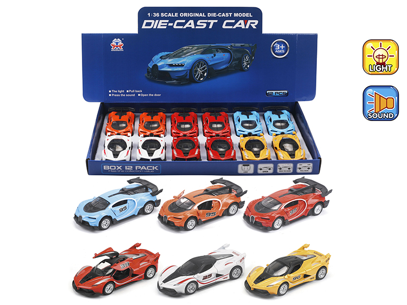 1:36 Pull Back Alloy Ferrari/Bugatti Simulated Car With Light And Music(12PCS)