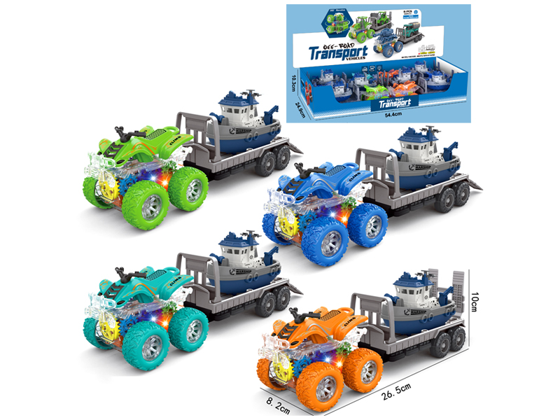 4Wd Double Friction Special Effects Beach Motorcycle+Pull Back Boat 6PCS