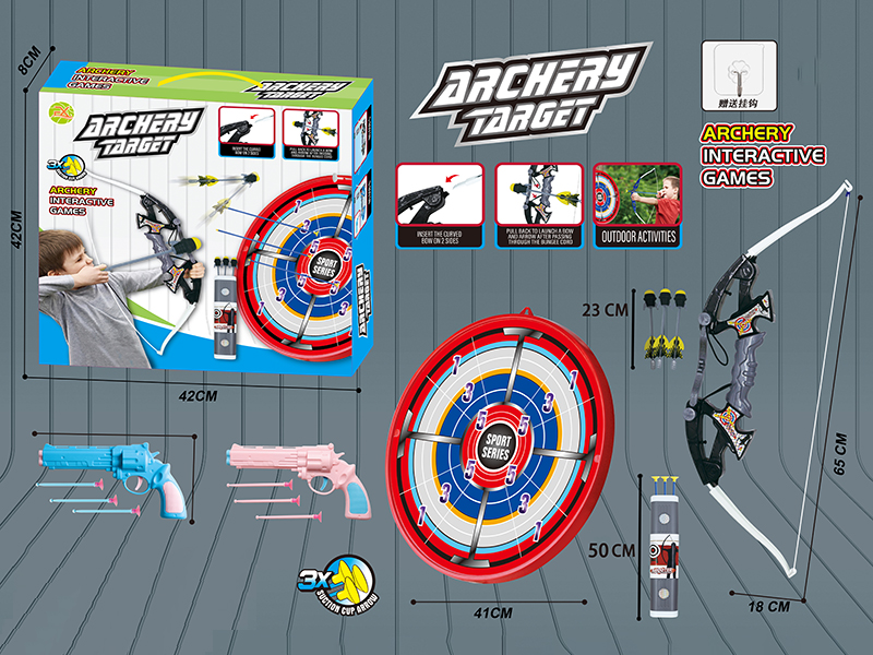 Large Size Bow And Arrow Set + 3 Missiles + Archery Target + 2 Needle Guns + Hook