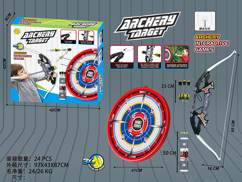 Large Size Bow And Arrow Set + 3 Missiles + Archery Target + Hook