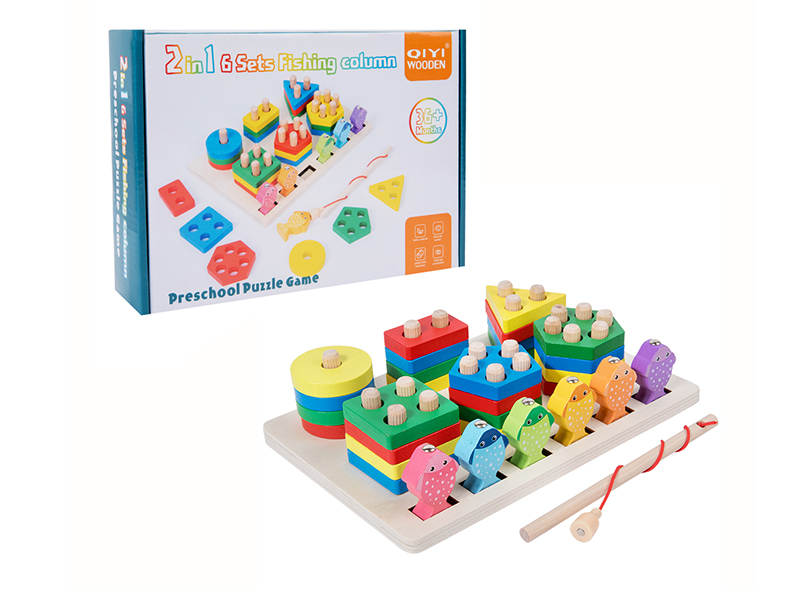 Wooden Toys 2 In 1 Fishing Geometric Shape Column Six Set