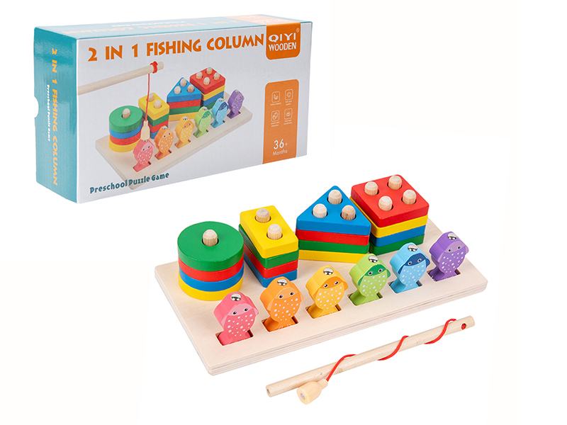 Wooden Geometric Shape Column Fishing Game 2 In 1