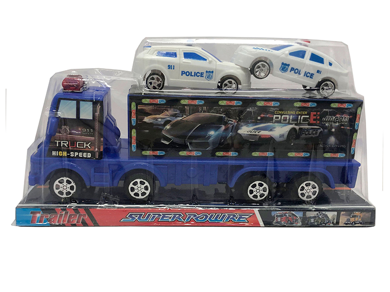 Solid Color Friction Police Container Car With 2 Small Police Cars