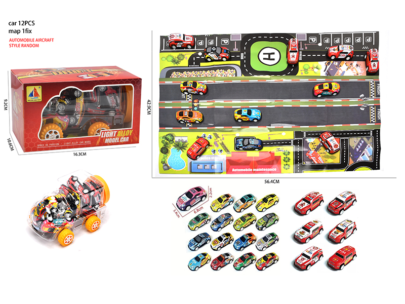 Storage Car Shape Jar + 12 Pull Back Iron Cars + Map